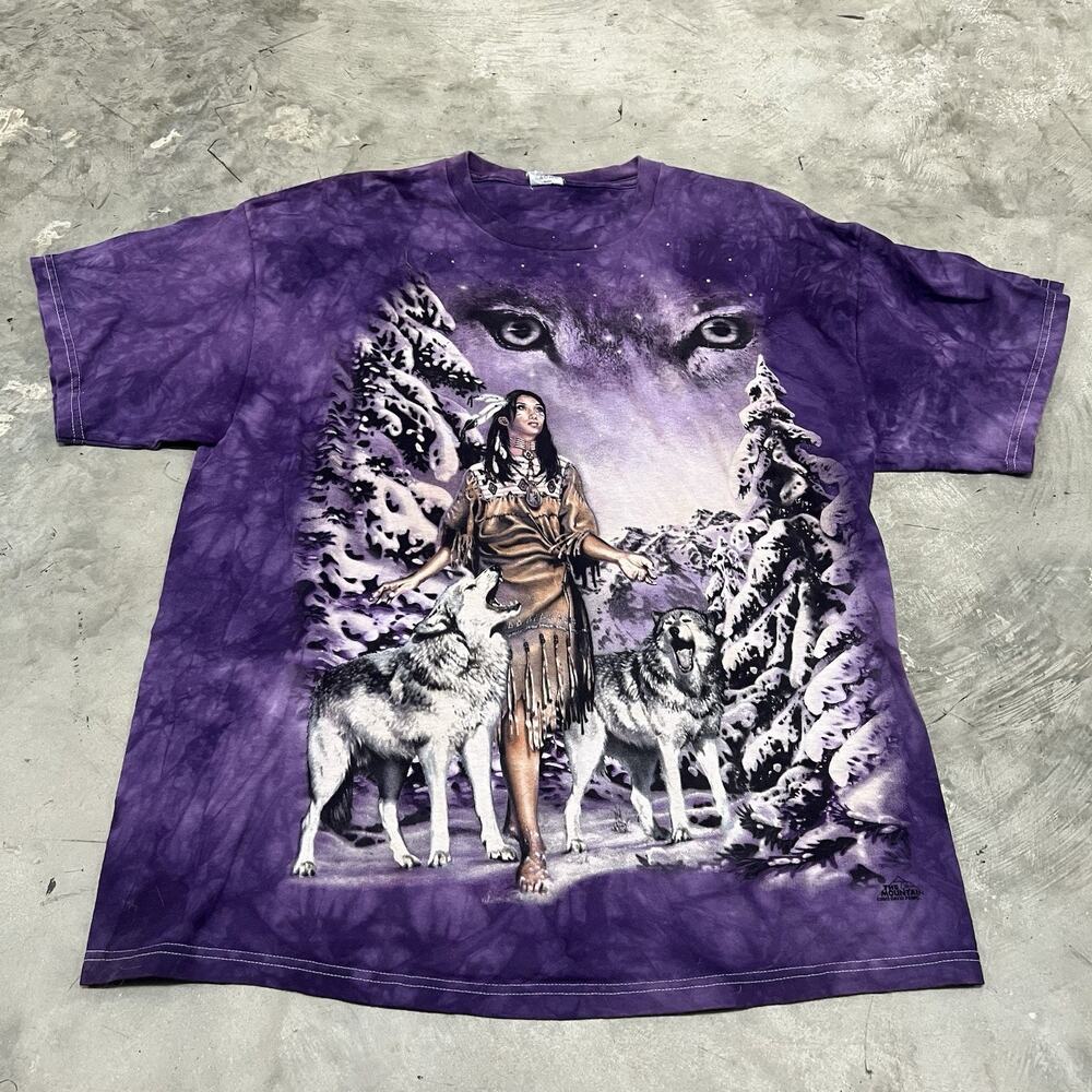 Vtg Y2K The Mountain 2003 Tie Dye T-Shirt Native American Wolf Snow Mens Size XL